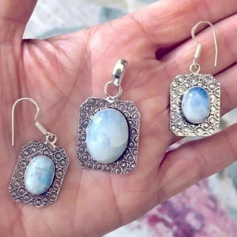 Flashy Blue Rainbow Moonstone 925 Sterling Silver Necklace Pendant & Ear…